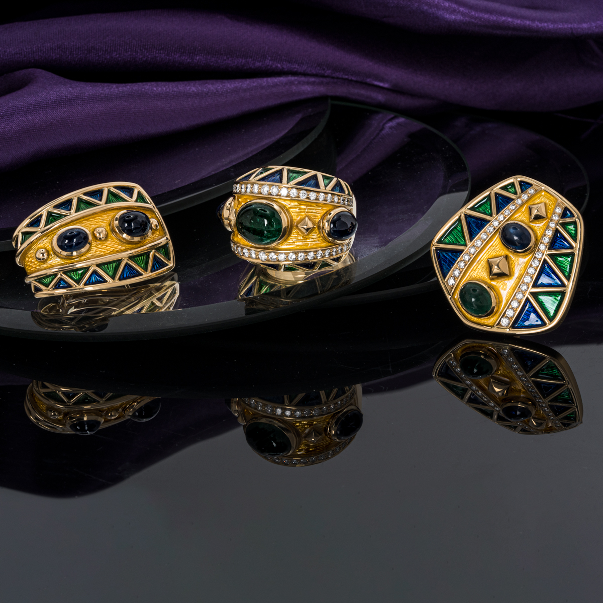 Leo de Vroomen Yellow Gold Emerald, Sapphire & Diamond Enamel Suite